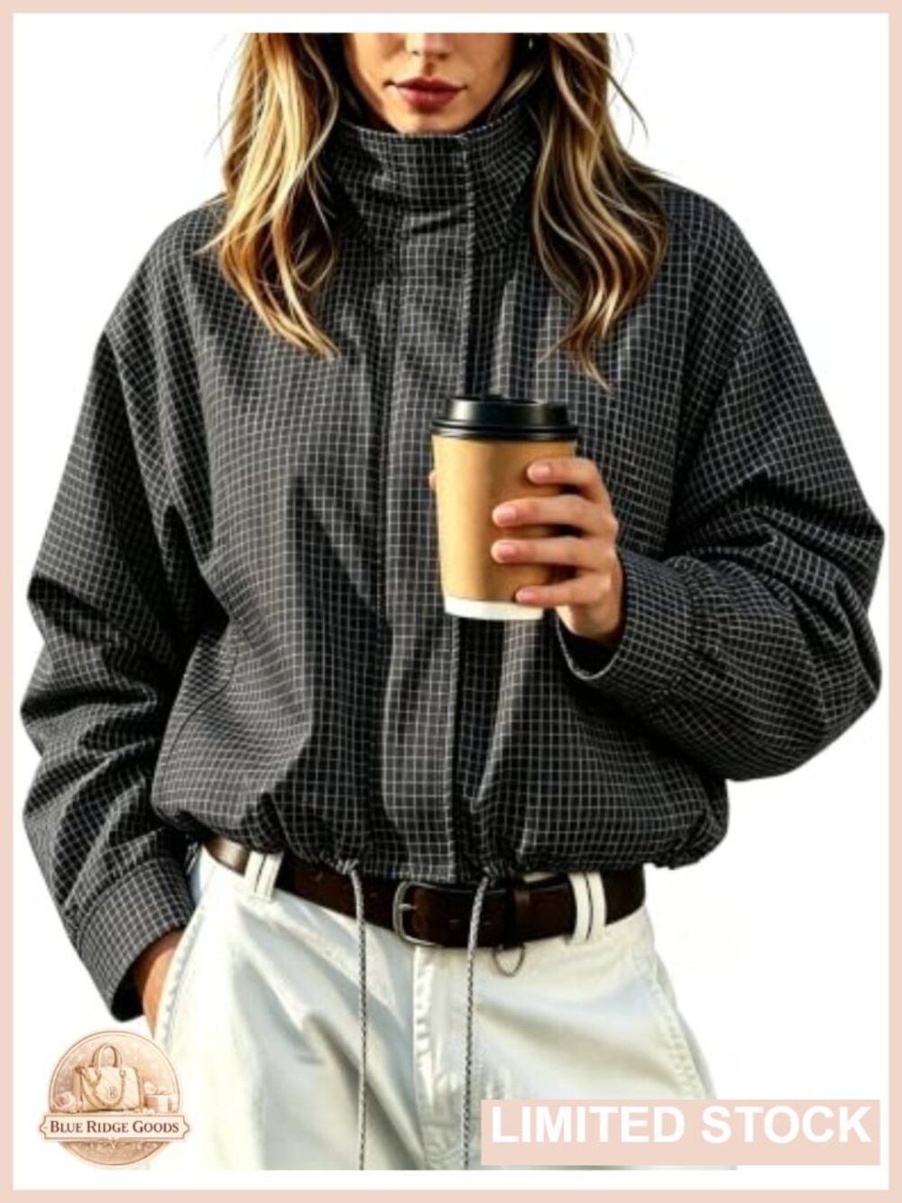 Women's Lightweight Cropped Gingham Jacket Casual Stand Collar Windbreaker